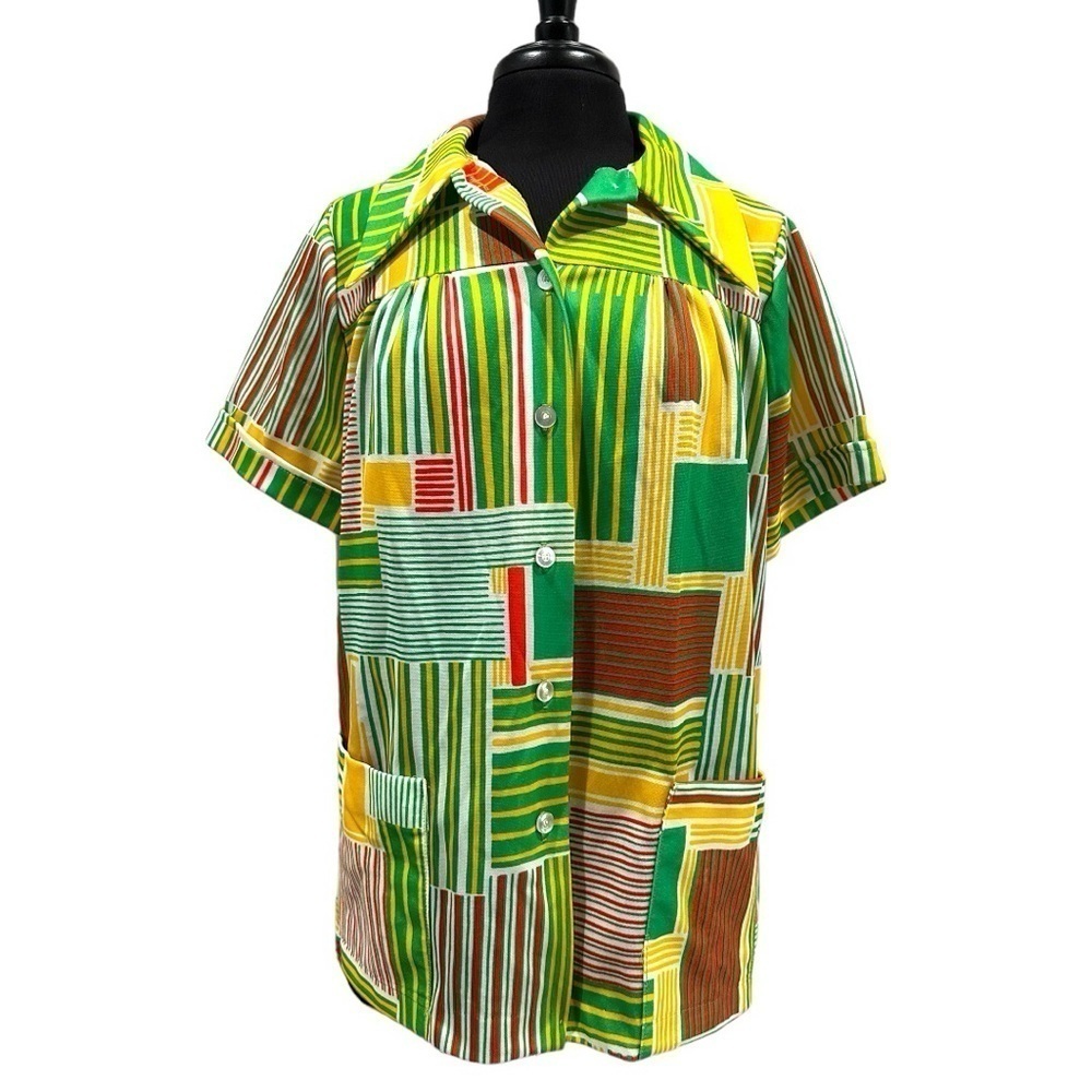 Vintage Land N Sea Button Front Geometric Print Button Front Smock Top Sz 40